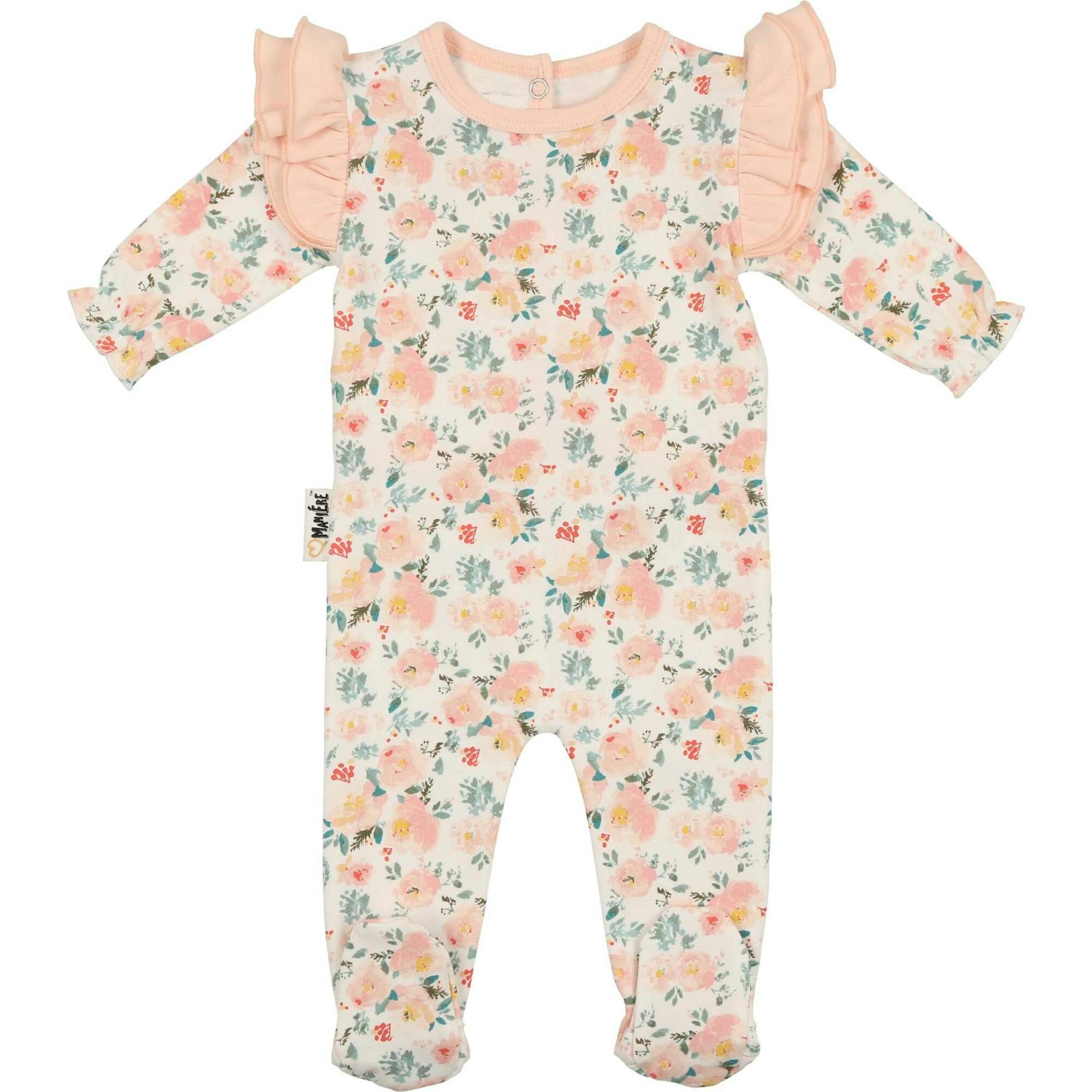 Floral Print Shoulder Ruffle Footie