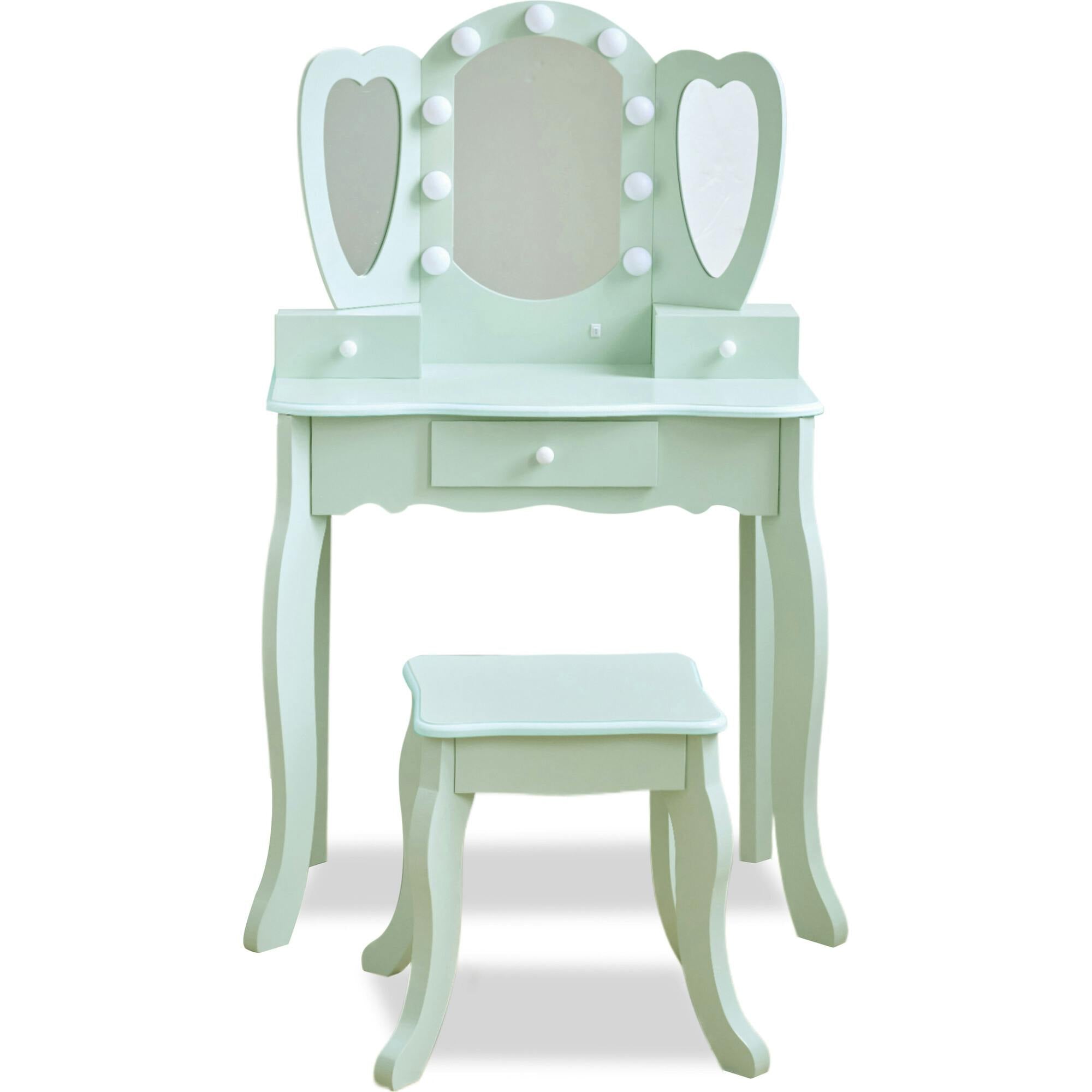 Teamson Kids Heart Glow Wooden Vanity Set With LED Lights Mirror & Stool
