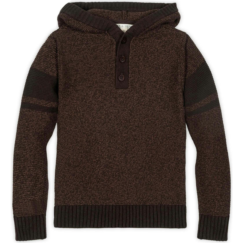 Organic Long Sleeve Hooded Henley Sweater, Brown