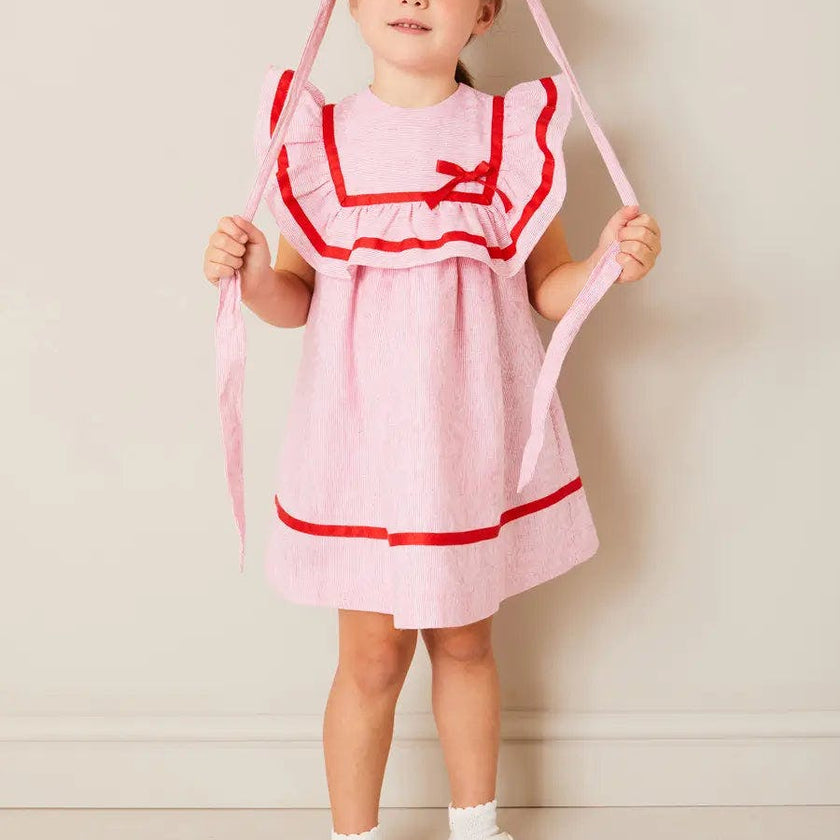 Lawrence Striped Ruffle Bib Sleeveless Dress in Red (12mths-8yrs)