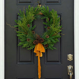 Evergreen Forest Mixed Greens & Pine Cone Holiday Winter Front Door Crest Christmas Wreath with Gold Velvet Bow