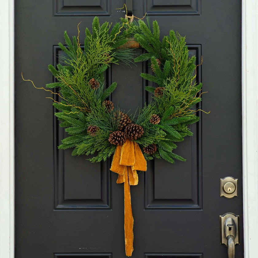 Evergreen Forest Mixed Greens & Pine Cone Holiday Winter Front Door Crest Christmas Wreath with Gold Velvet Bow