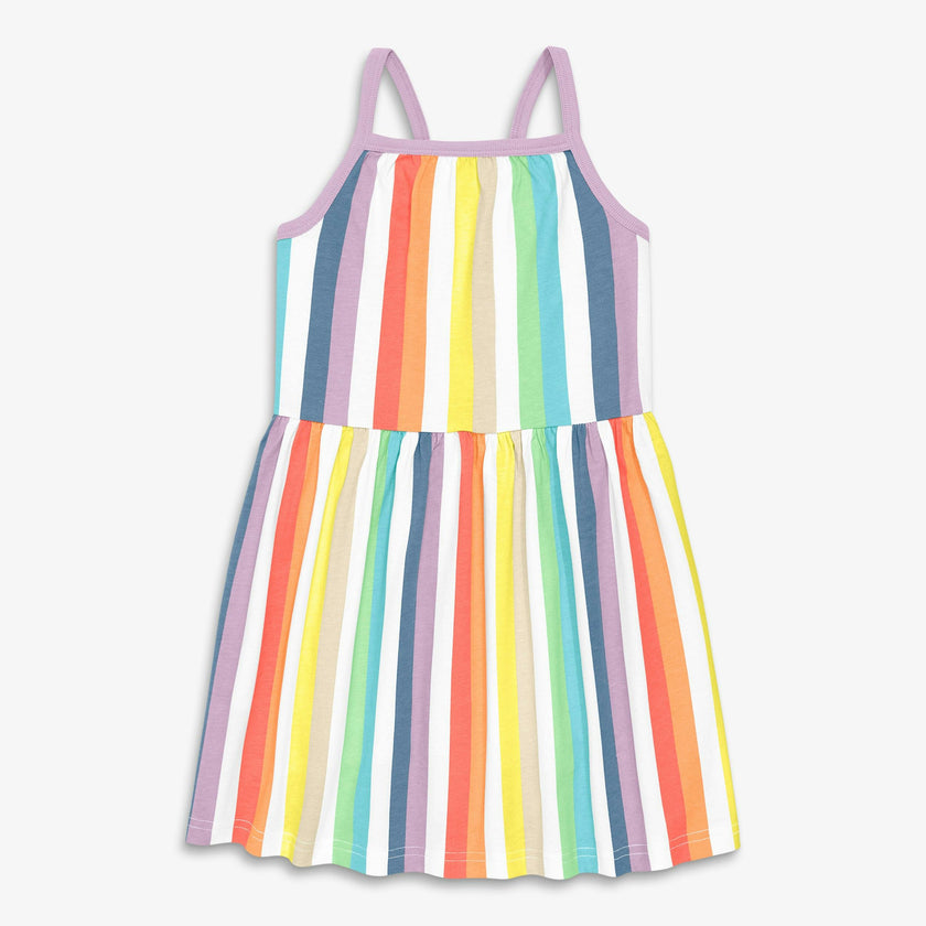 Kids boardwalk dress in rainbow stripe