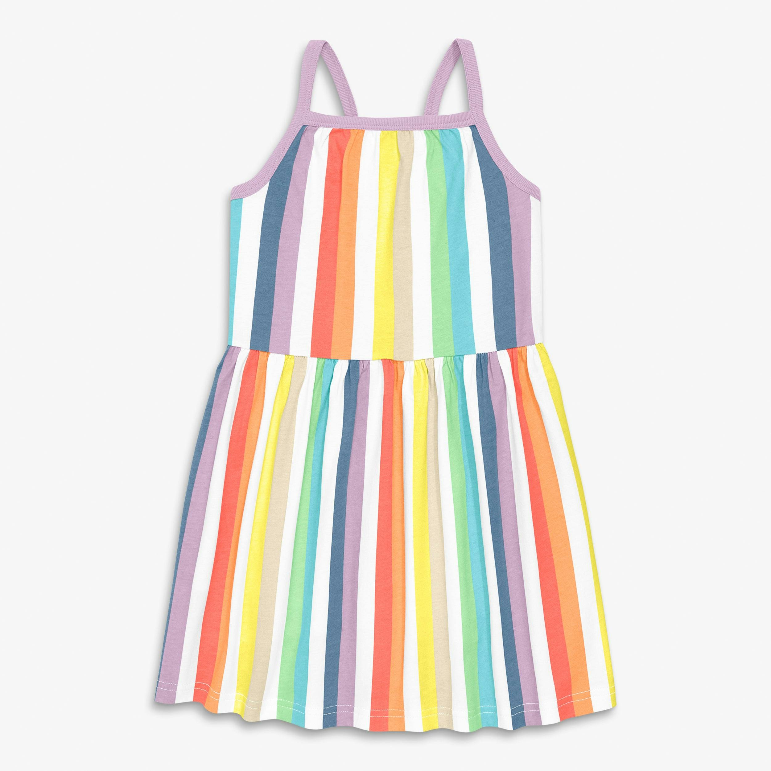 Kids boardwalk dress in rainbow stripe