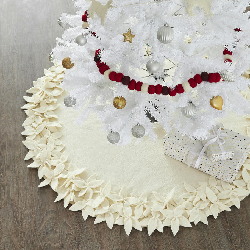 Handmade Felted Wool Overlapping Flowers Border Cream Christmas Tree Skirt 26"/48"/64"/72"