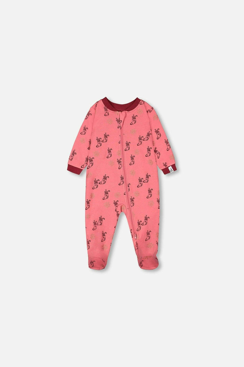 Organic Cotton One Piece Pajama Pink Christmas Stocking Print