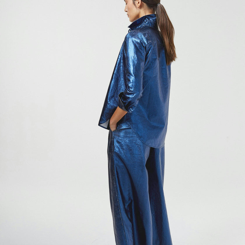 Culotte Metallic Linen Pants - Dark Blue