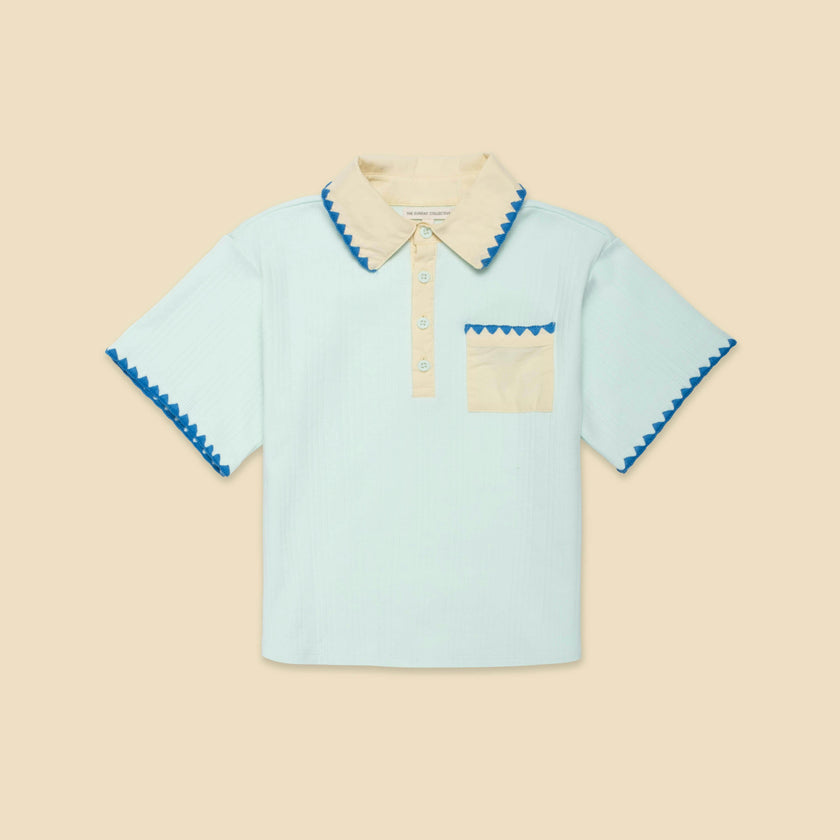 Organic Embroidered Knit Polo in Frosty Jade