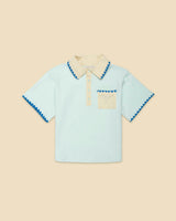 Organic Embroidered Knit Polo in Frosty Jade