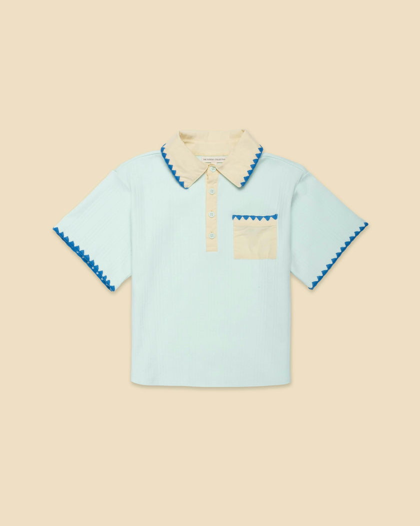 Organic Embroidered Knit Polo in Frosty Jade