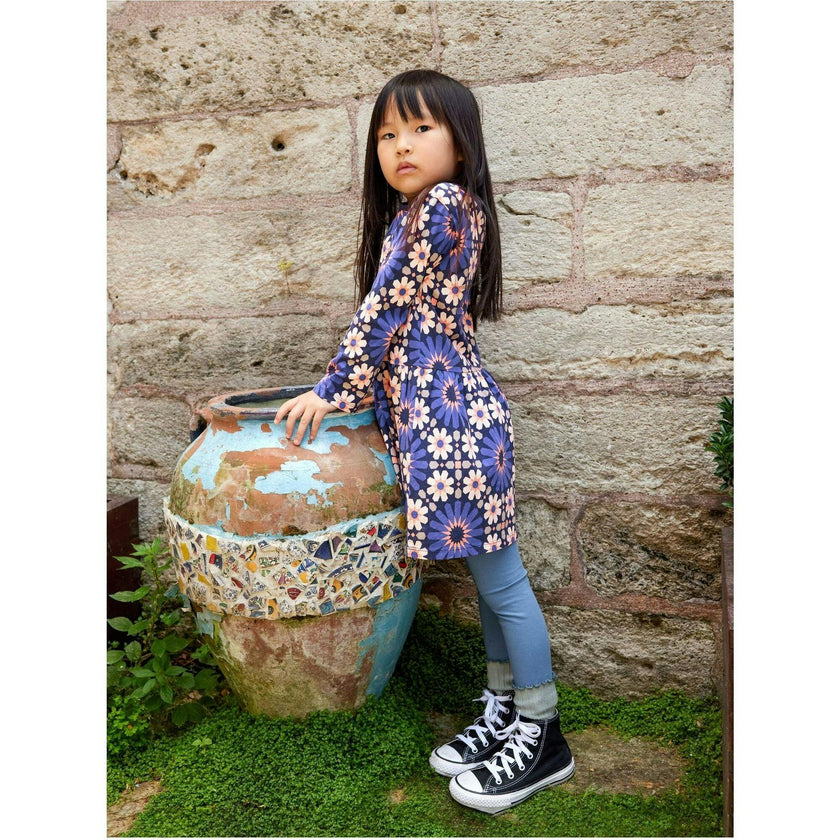 Crew Neck Long Sleeve Gathered Skirt Dress, Multi