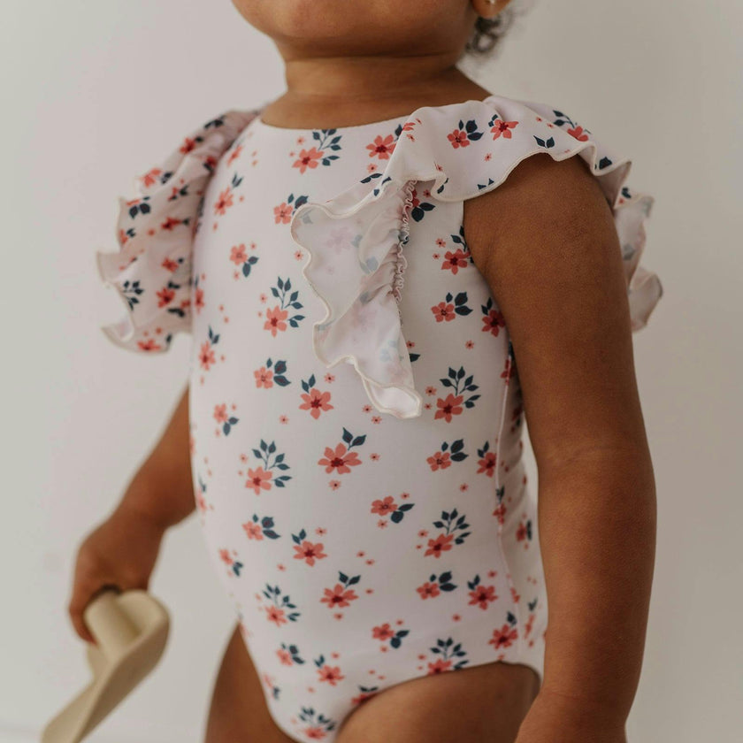 Girl's Ruffle Sleeve Cross Back Swimsuit