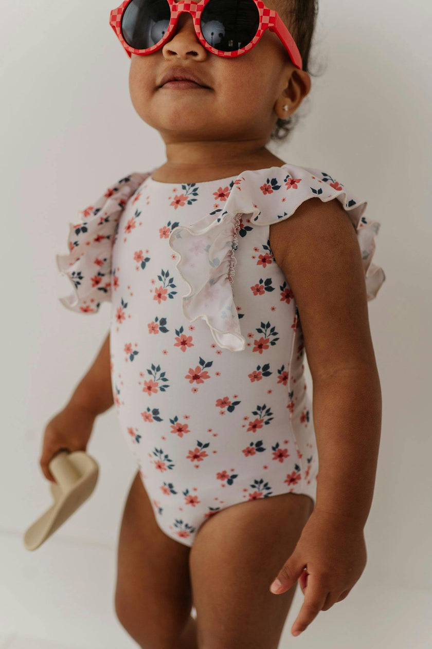 Girl's Ruffle Sleeve Cross Back Swimsuit