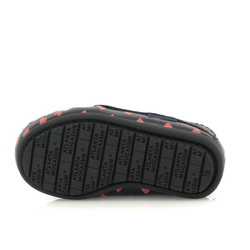 Smooth Leather Moccasin Boots, Black with Red Hearts Print