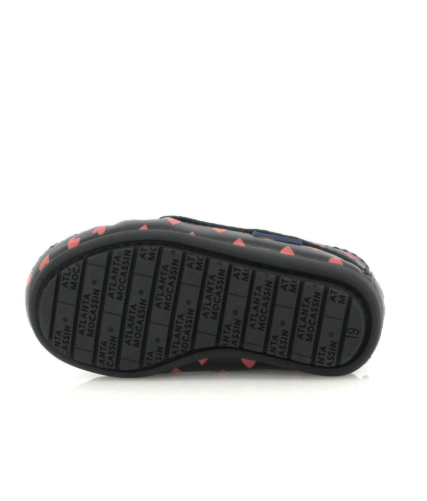 Smooth Leather Moccasin Boots, Black with Red Hearts Print