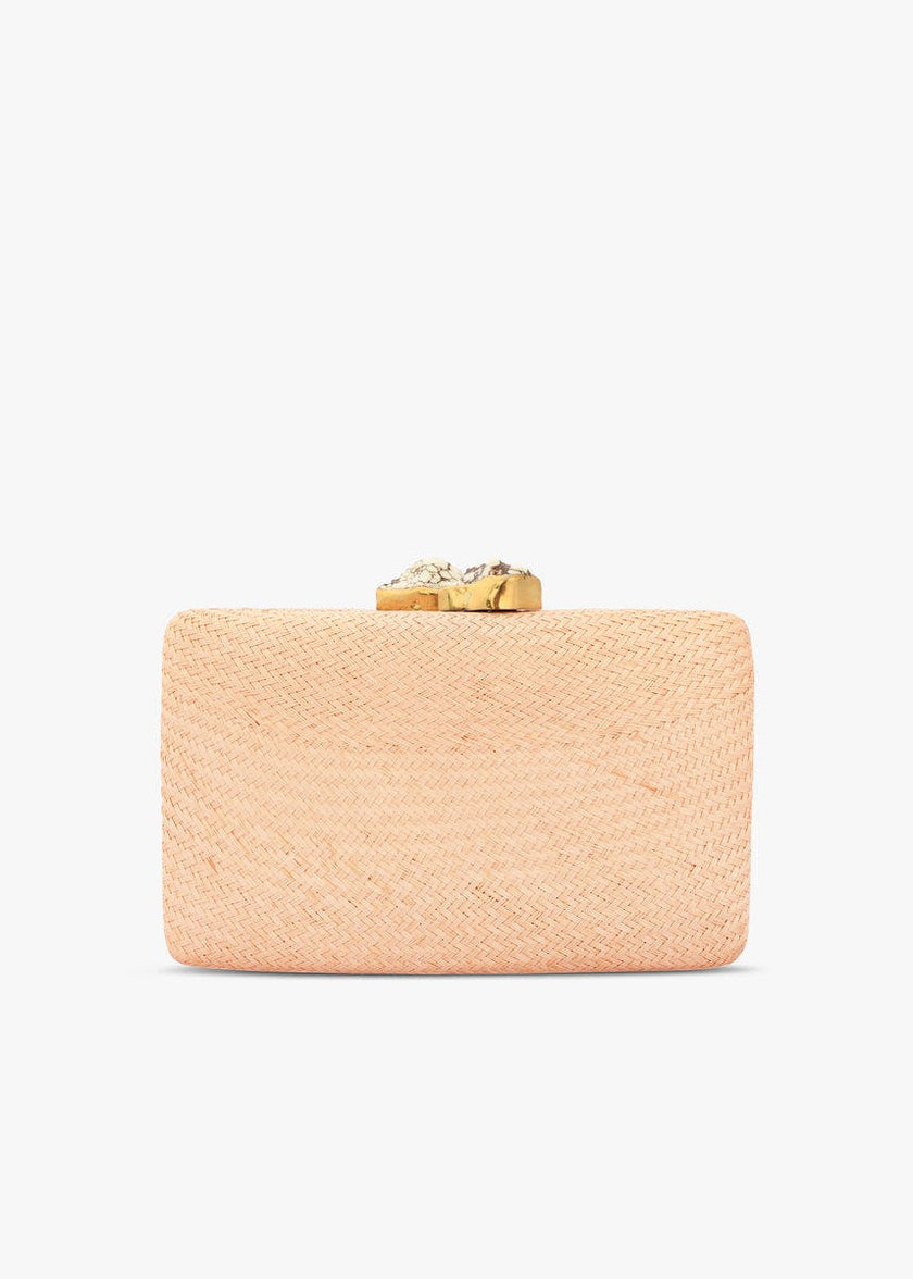 Women's Jen Woven Straw Clutch With White Stones, Toast