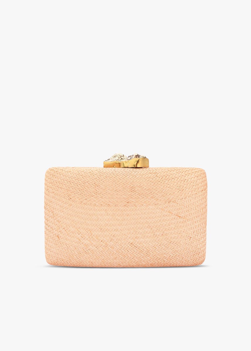 Women's Jen Woven Straw Clutch With White Stones, Toast