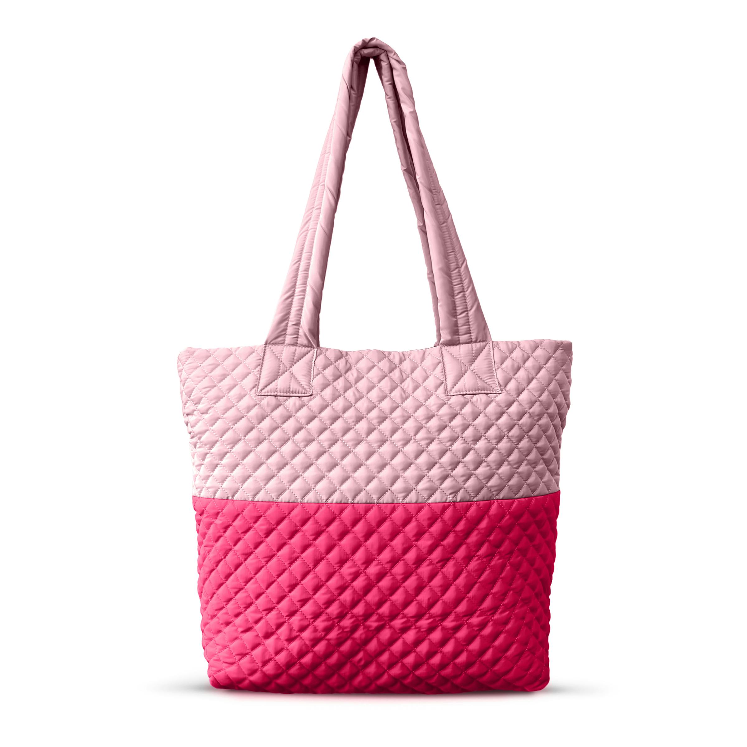 Newport Two-Tone Quilted Tote Bag with Zipper Closure - Pink/Peach