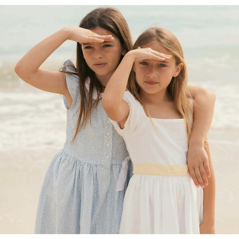 Ruffle Sleeve Linen Dress with Peter Pan Collar, Blue
