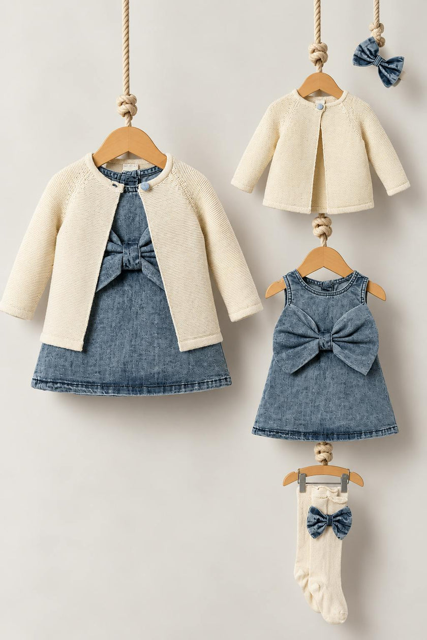 Classic Denim Bow 4-Piece Baby Girl Set in Cream & Blue