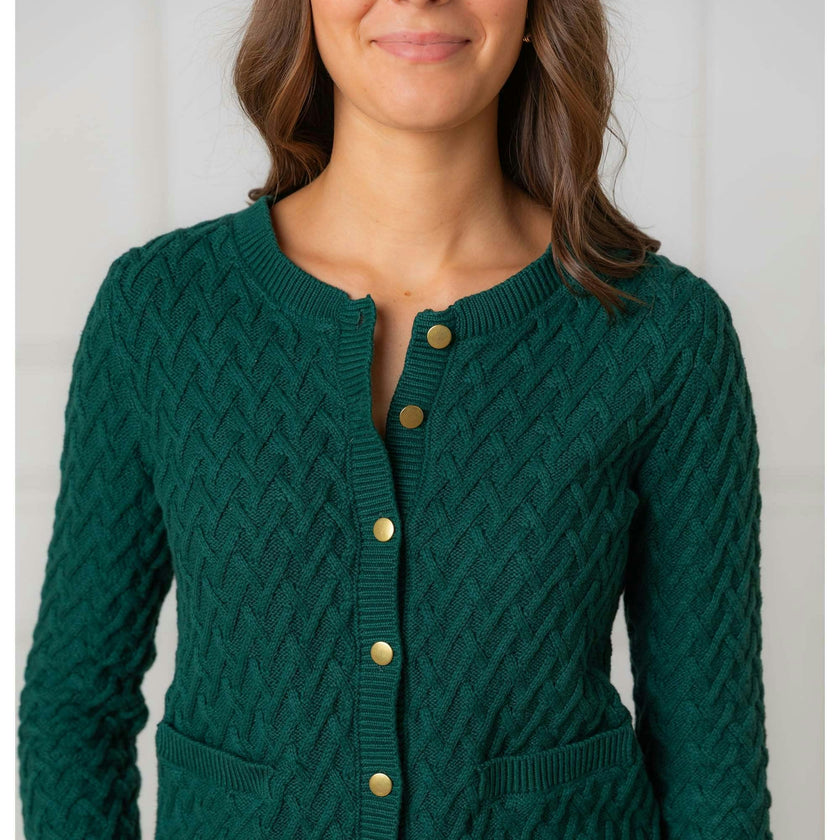 Organic Herringbone Stitch Cardigan Sweater, Green