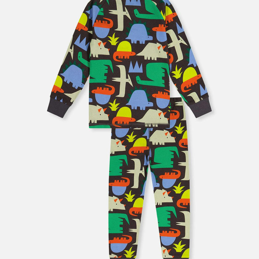 Organic Cotton Two Piece Pajama Set Black Dinosaur Print