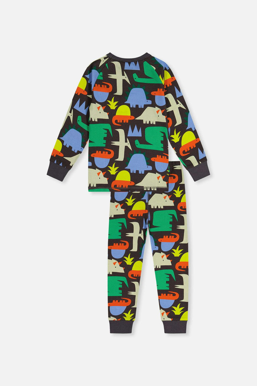 Organic Cotton Two Piece Pajama Set Black Dinosaur Print
