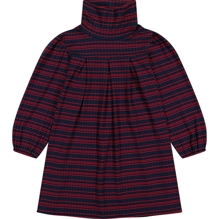 Suzy Striped Box Pleat Pull Over Turtleneck Dress, Navy