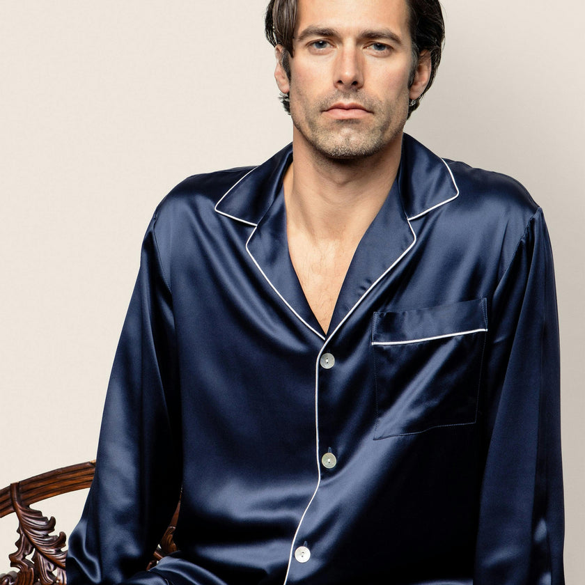 Men's Silk Pajama Set in Navy