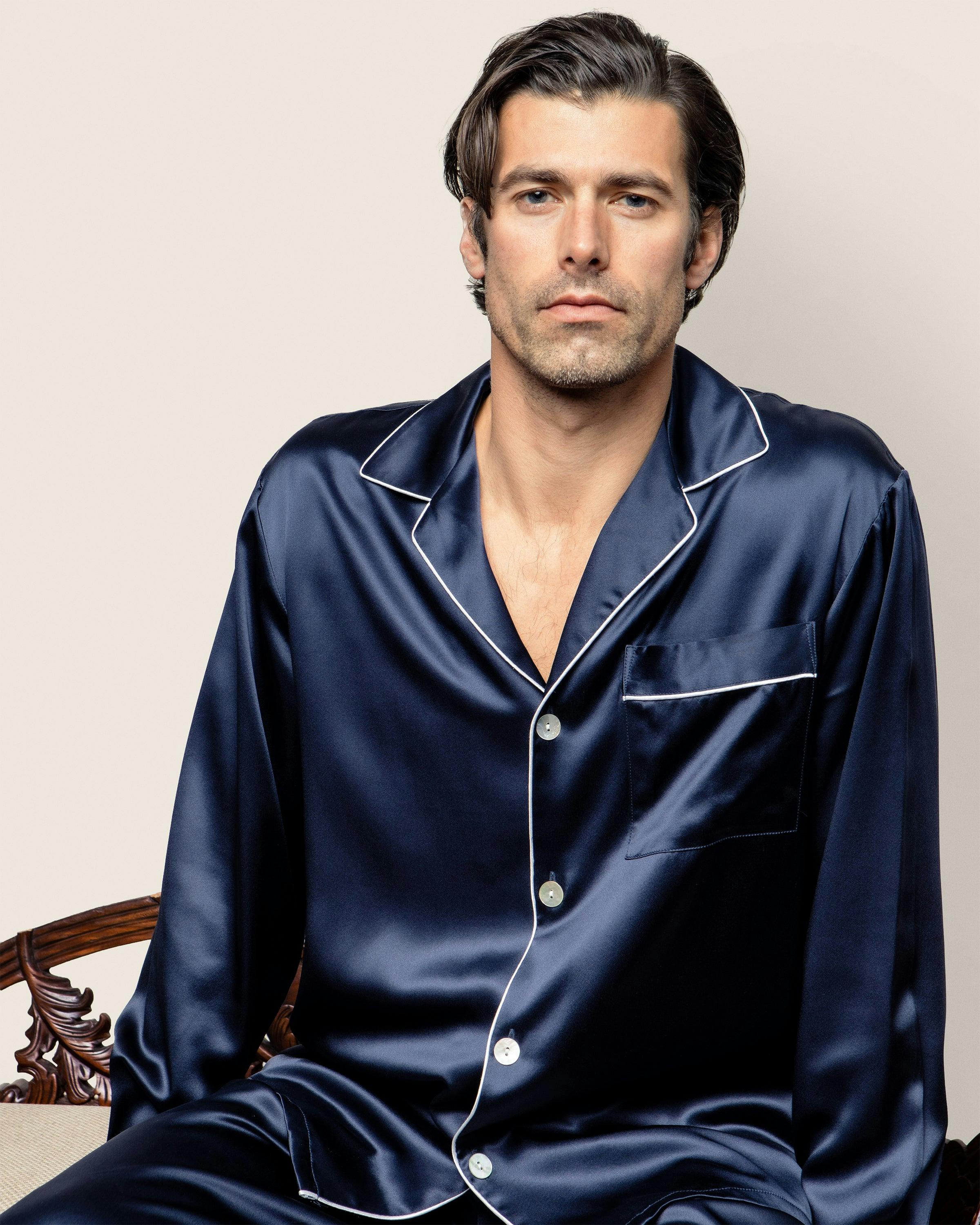 Men's Silk Pajama Set in Navy