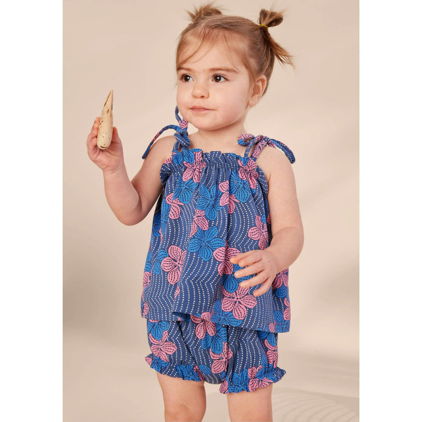 Baby Tie Shoulder Smocked Chest & Hem Set, Blue