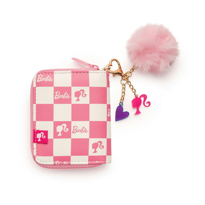 Barbie™ Pink Checkered Kids Zip Wallet with Pom Charm