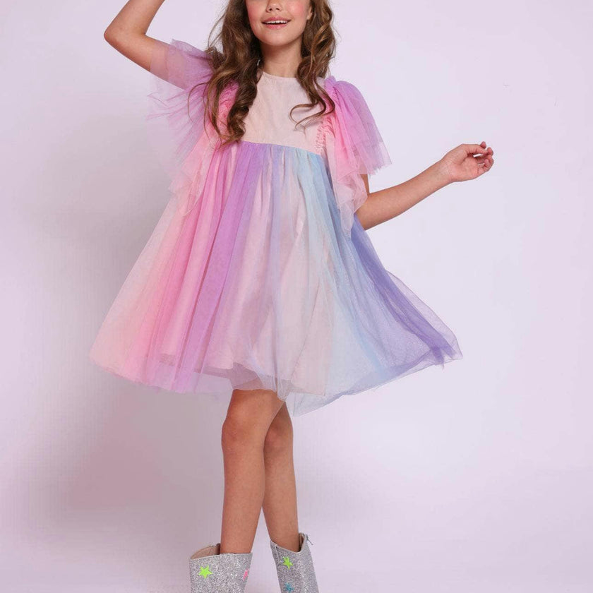Cotton Candy Dream Flutter Sleeve Tulle Dress