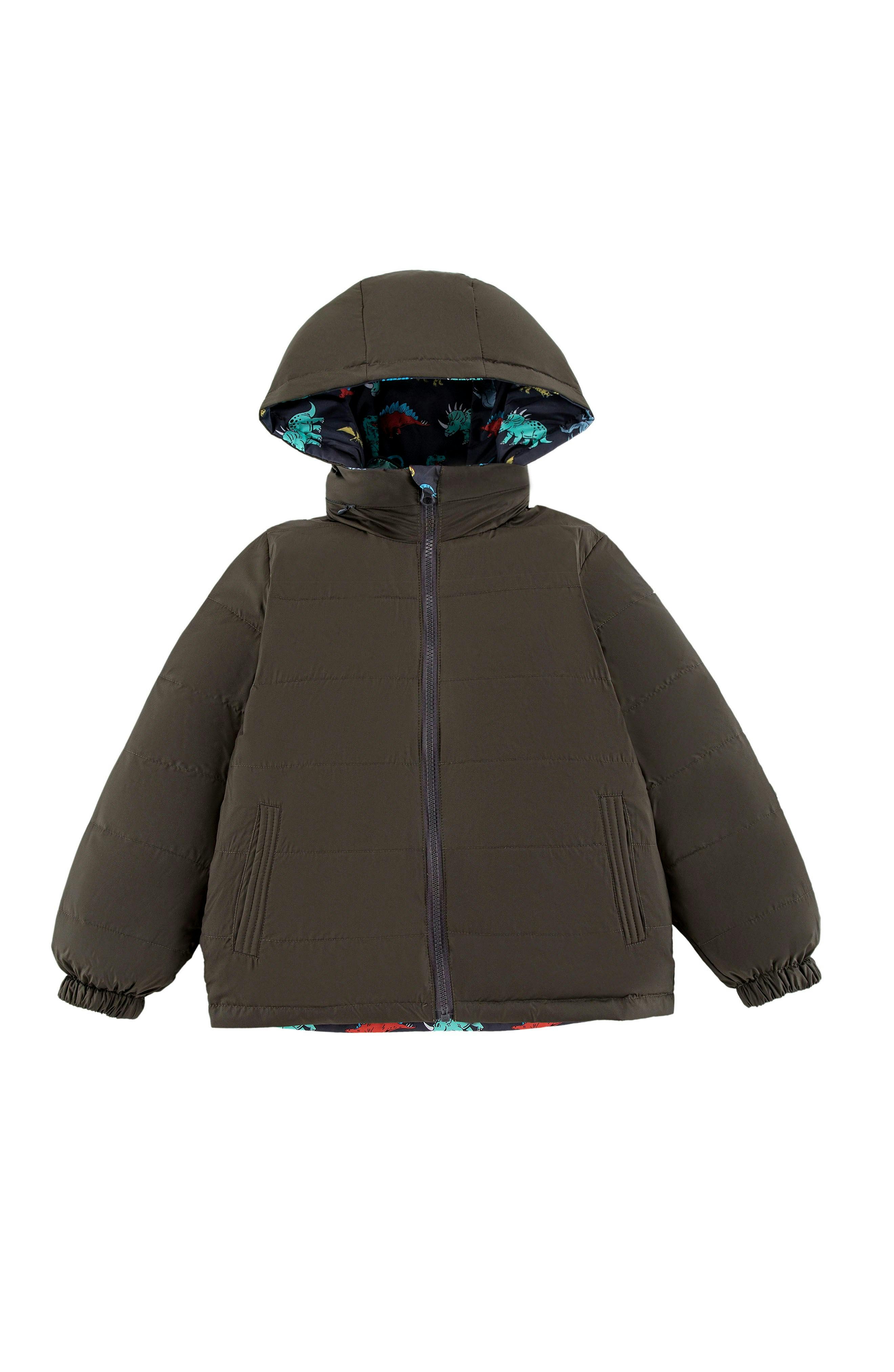 Blake Hooded Reversible Lightweight Down Puffer Jacket, Dinosaur Dudes
