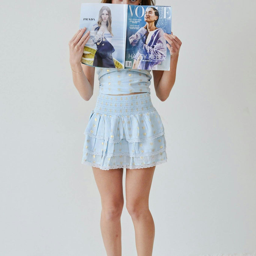 Gemma Pastel Blue With Blue Lace Heart Lurex Smocked Ruffle Mini Skirt