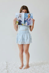 Gemma Pastel Blue With Blue Lace Heart Lurex Smocked Ruffle Mini Skirt