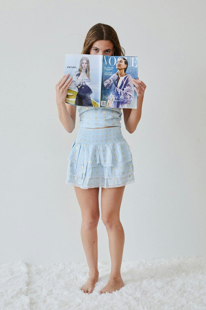 Gemma Pastel Blue With Blue Lace Heart Lurex Smocked Ruffle Mini Skirt