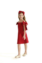 Red Luneta Off Shoulder Bow Dress