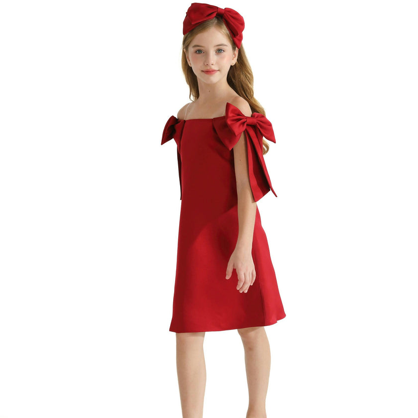 Red Luneta Off Shoulder Bow Dress