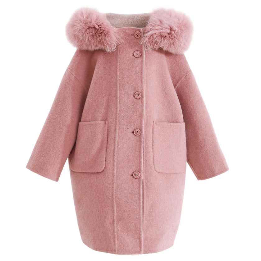 Pink Wool Coat with Faux Fur Hood