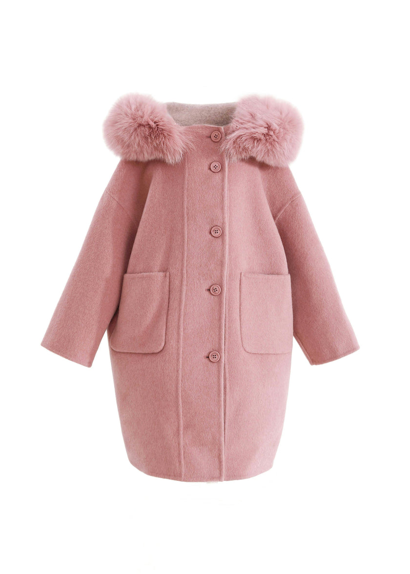 Pink Wool Coat with Faux Fur Hood