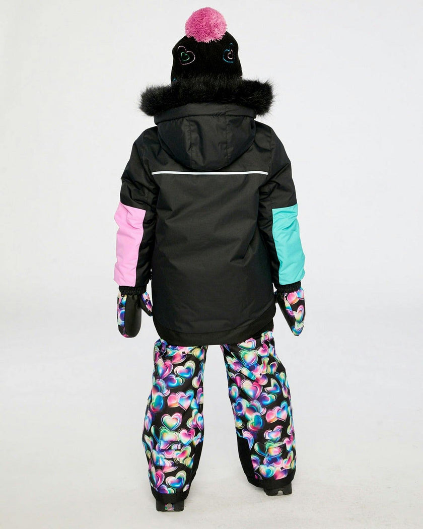 Two Piece Play Snowsuit Black, Blue And Pink Colorblock With Heart Print Pants