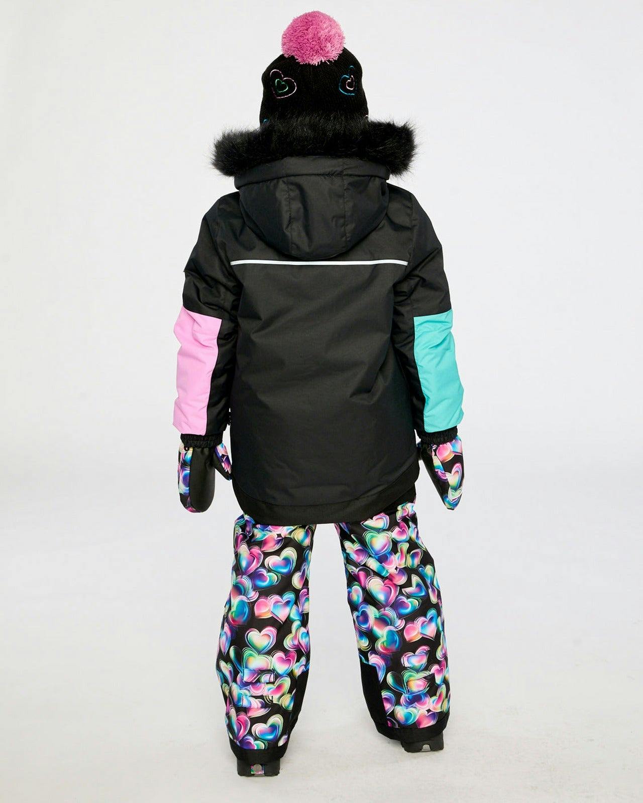 Two Piece Play Snowsuit Black, Blue And Pink Colorblock With Heart Print Pants
