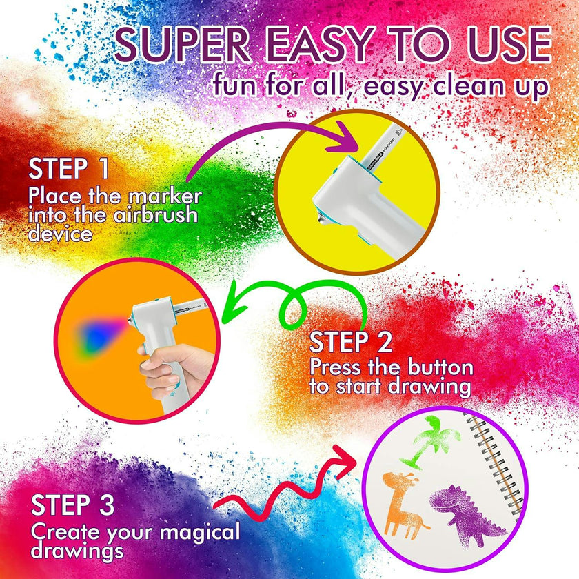 Air Brush Marker Set for Kids Includes 12 Washable Markers 20 Stencils Gift for Ages 5 6 7 8 9 Years Old - Great Arts & Crafts Set