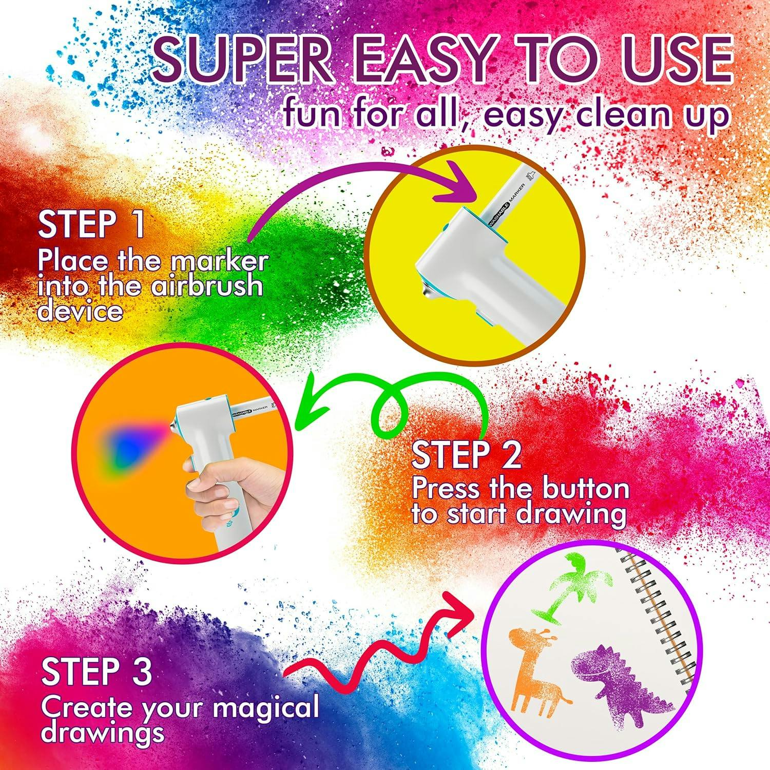 Air Brush Marker Set for Kids Includes 12 Washable Markers 20 Stencils Gift for Ages 5 6 7 8 9 Years Old - Great Arts & Crafts Set