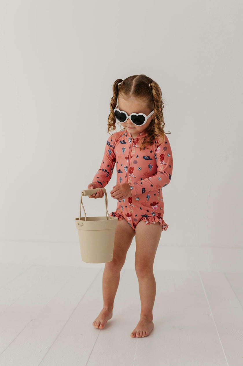Girls One-Piece Ruffle Rash Guard Swimsuit in American Cowgirl