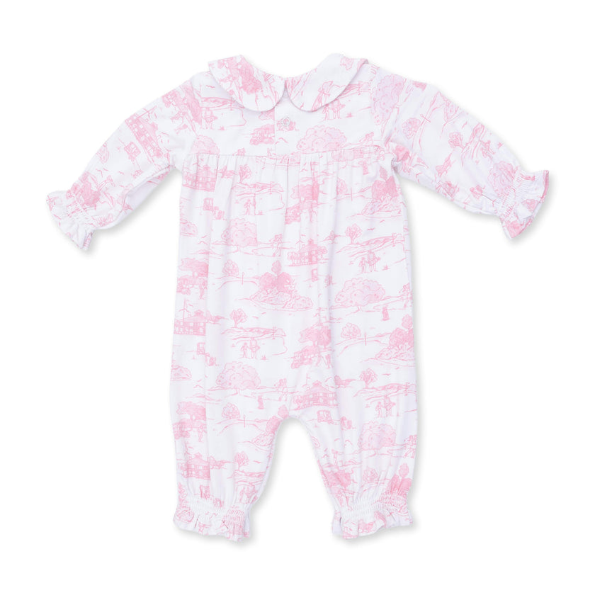 Golf Toile Pink - Smocked Long Sleeve Romper