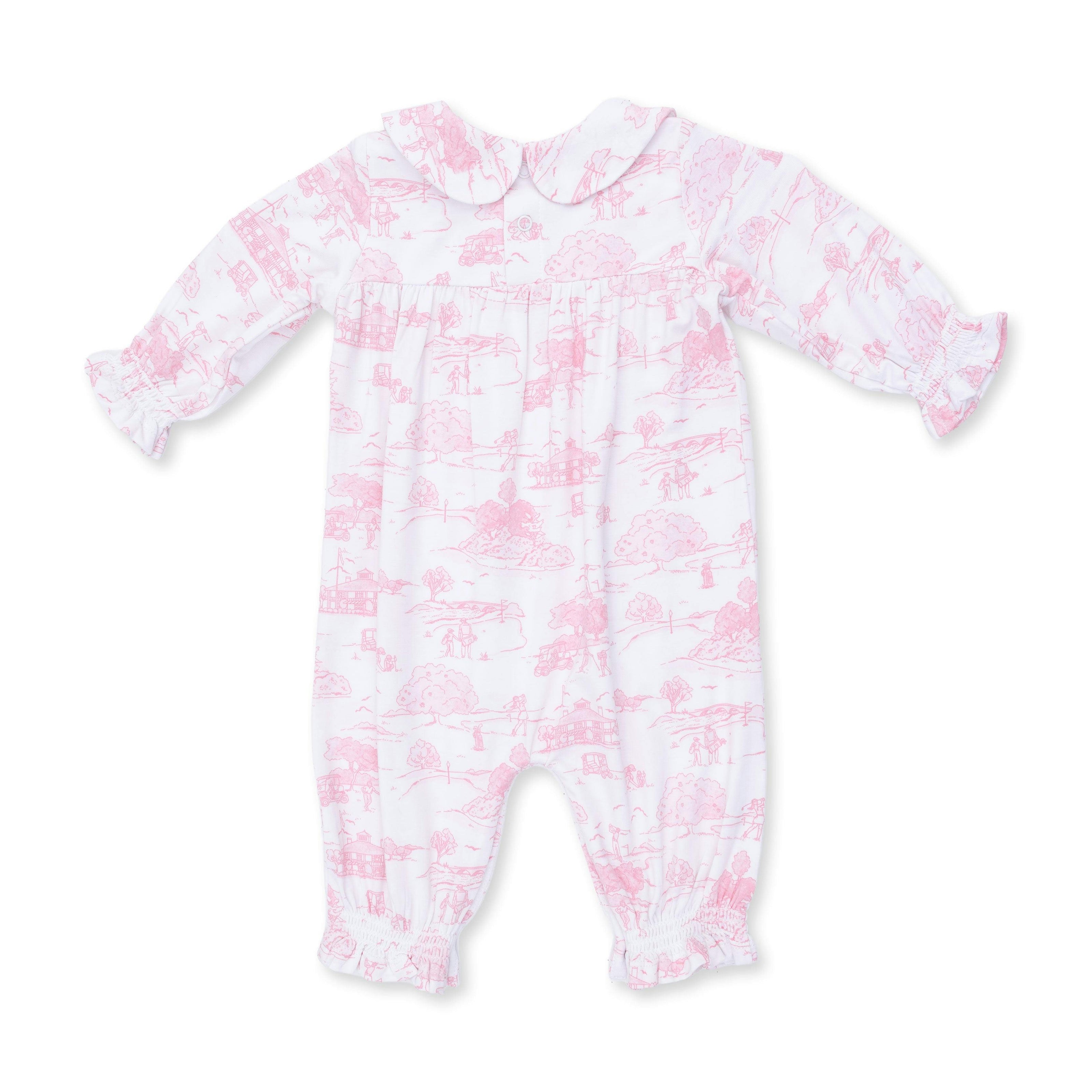 Golf Toile Pink - Smocked Long Sleeve Romper