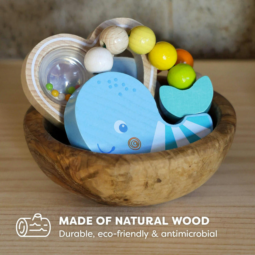 Baby Bundle - 3 Wooden Grasping Rattles (Heart, Whale & Elephant)