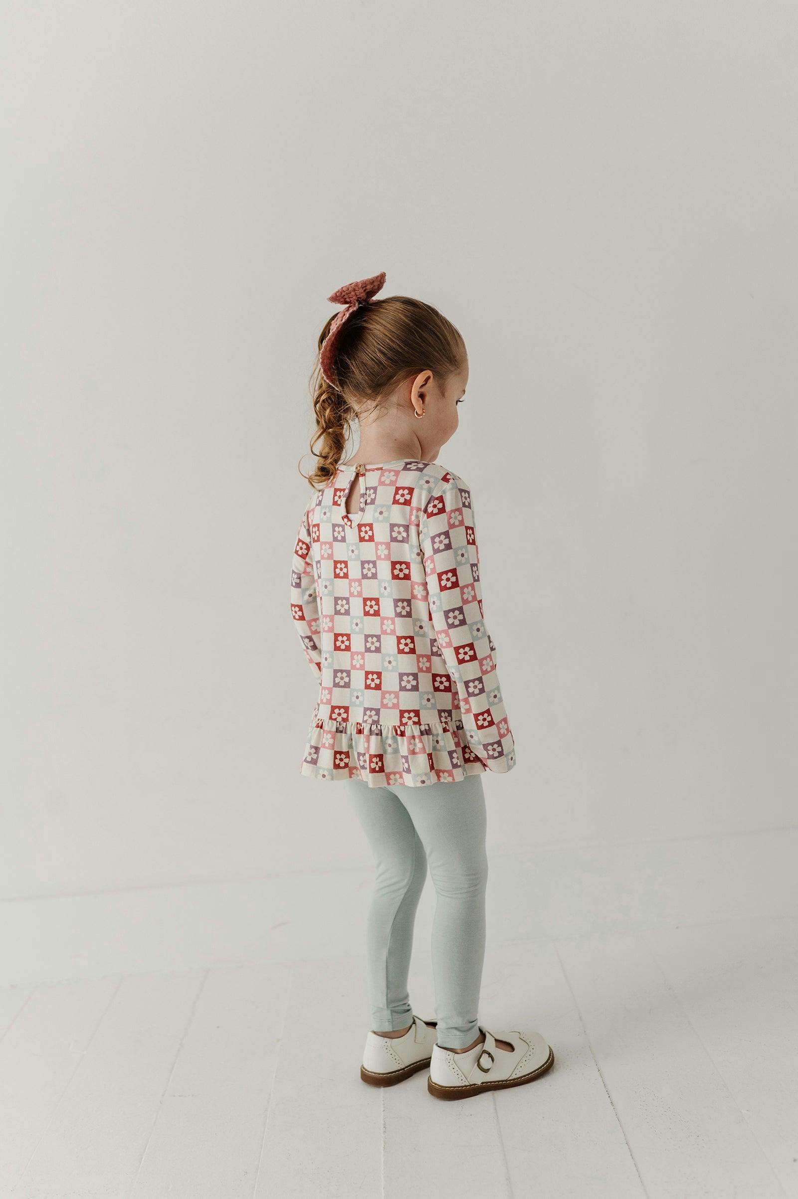 Girls Long Sleeve Peplum Set in Wavy Daisy Checkered